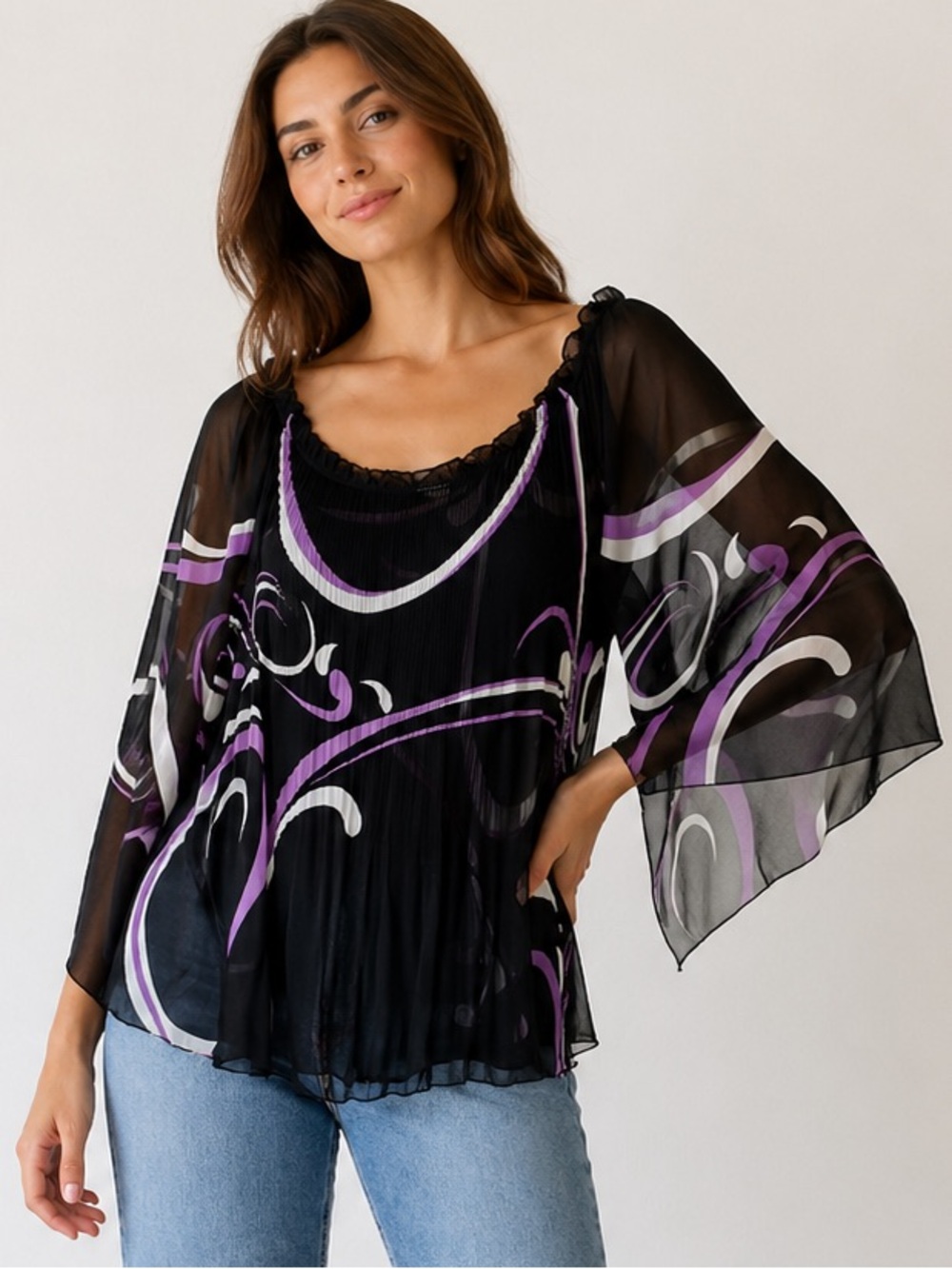 VTG C.O.C. USA Micro Pleated Striped Plisse Top Black Purple, XL Maximalist Y2K